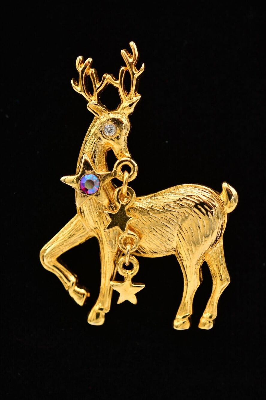 AAI Vintage Reindeer Pin Brooch Rhinestone Crystal Stars Gold Christmas 80s Bin4